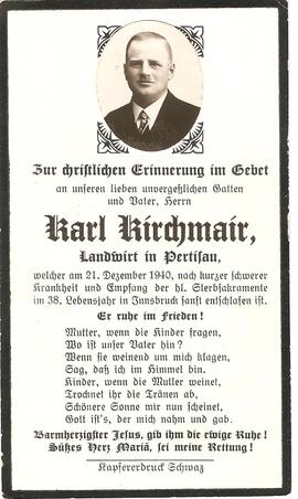 Karl Kirchmair, Landwirt in Pertisau, im 38. Lebensjahr