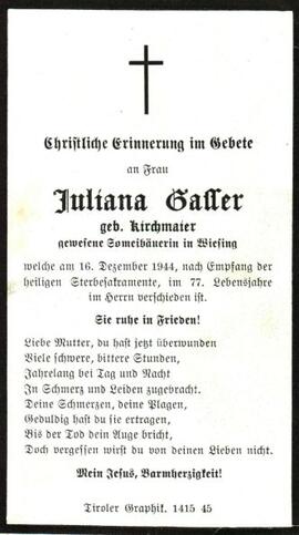 Juliana Gasser, geb. Kirchmaier, im 77. Lebensjahr Someibäuerin