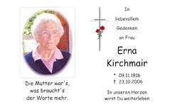 Erna Kirchmair, im 90. Lebensjahr Sterbebild
