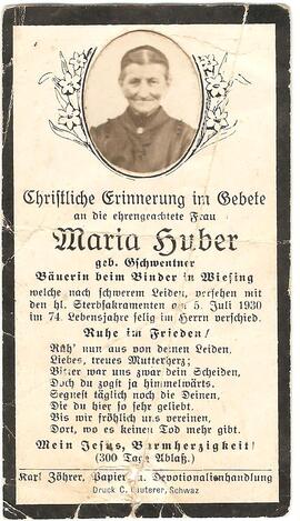 Maria Huber, geb. Gschwentner, Bäuerin beim Binder in Wiesing, im 74. Lebensjahr