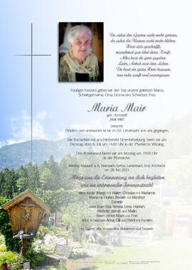 Maria Mair, geb. Hochstaffl, im 82. Lebensjahr