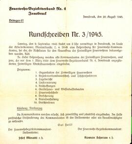 Rundschreiben 3/1945 von Roman Scheran Einladung Besprechung Neuaufstellung Feuerwehren