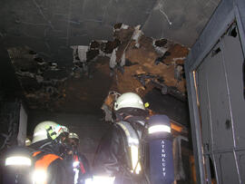 Wohnungsbrand in der Rußhütte, Küche im 2. Stock, 1 Personen über Stiegenhaus, 1 über die DL gere...