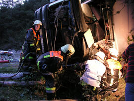 LKW Unfall B177, KM 4,2, Sattelzug umgestürzt, Fahrer eingeklemmt