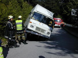 Klein-LKW droht im Bremsweg umzustürzen, B177, KM 4,3, Bergung