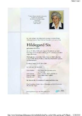Sterbebild Six Hildegard