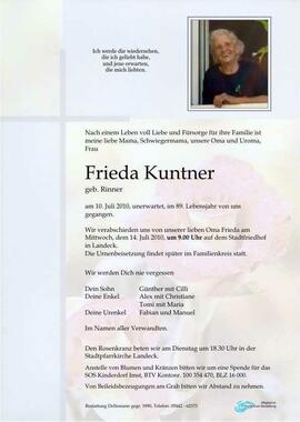 Sterbebild Kuntner Frieda