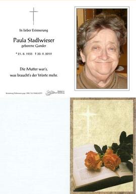 Sterbebild Stadlwieser Paula