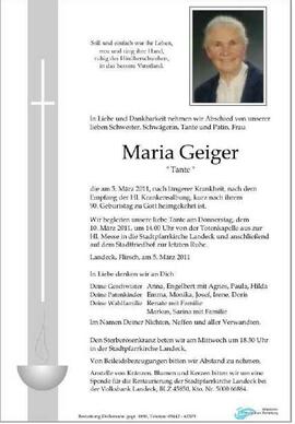Sterbebild Geiger Maria