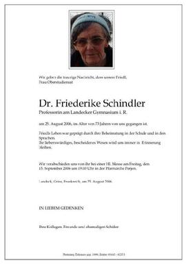 Sterbebild Dr. Schindler Friederike