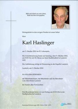 Sterbebild Haslinger Karl