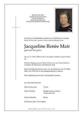 Sterbebild Mair Jacqueline Renee