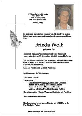 Sterbebild Wolf Frieda
