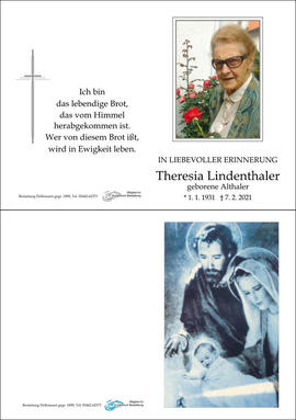 Sterbebild Lindenthaler Theresia