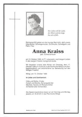 Kraiss Anna geb. Schwarzenauer G