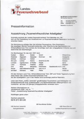 Presseinformation ausgezeichnete feuerwehrfreundliche Arbeitgeber 2007